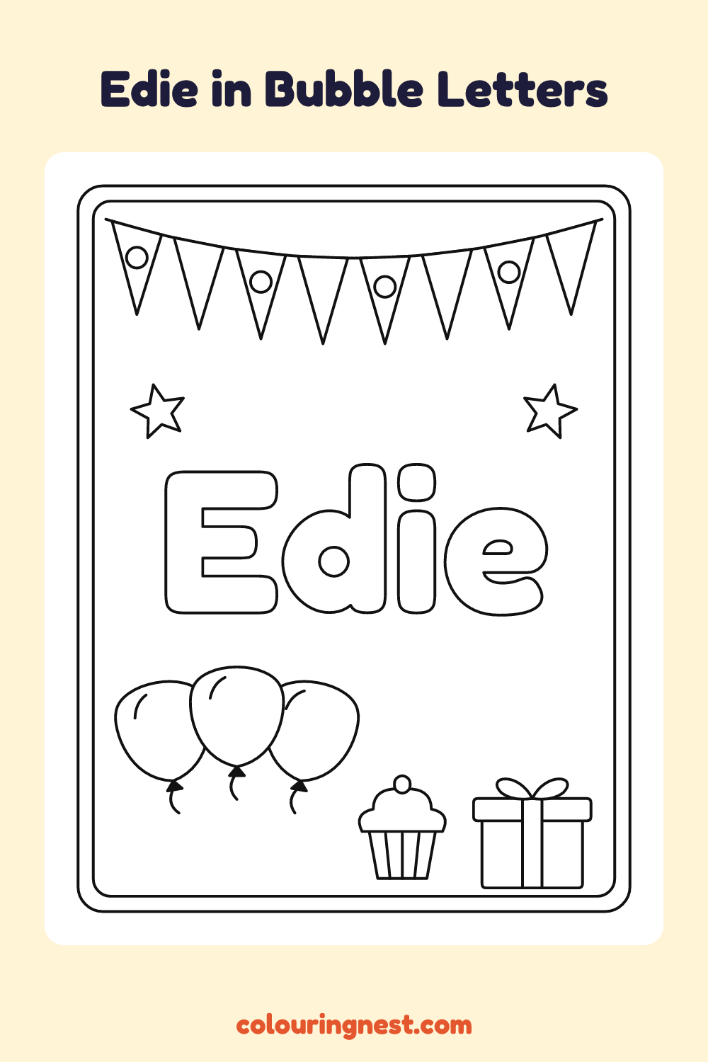 Edie in Bubble Letters coloring page: free printable black-and-white line art