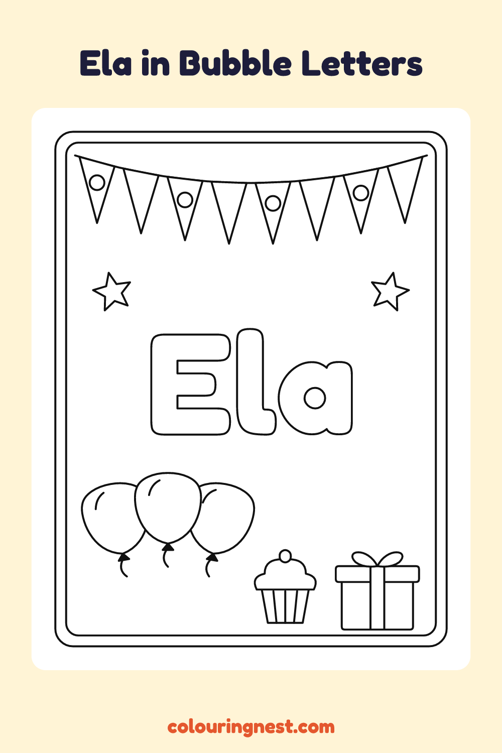 Ela in Bubble Letters coloring page: free printable black-and-white line art