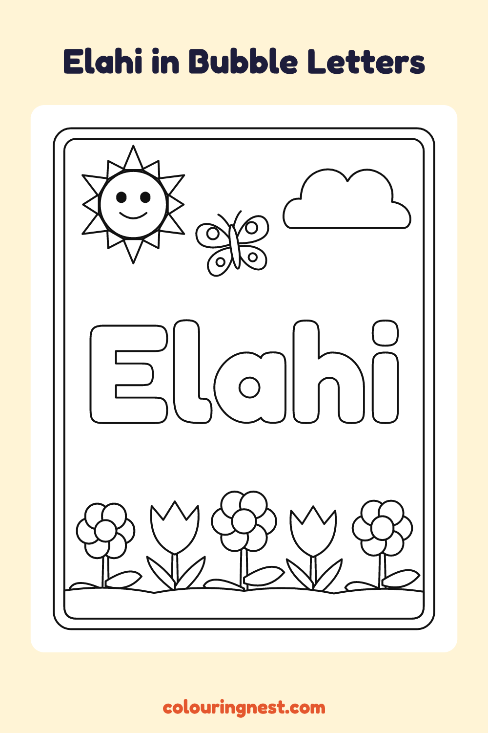 Elahi in Bubble Letters coloring page: free printable black-and-white line art