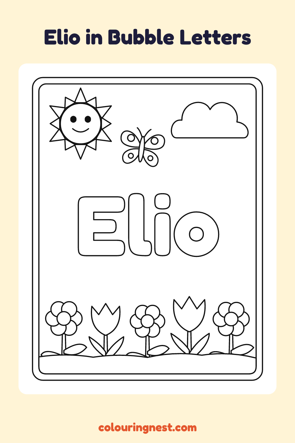 Elio in Bubble Letters coloring page: free printable black-and-white line art