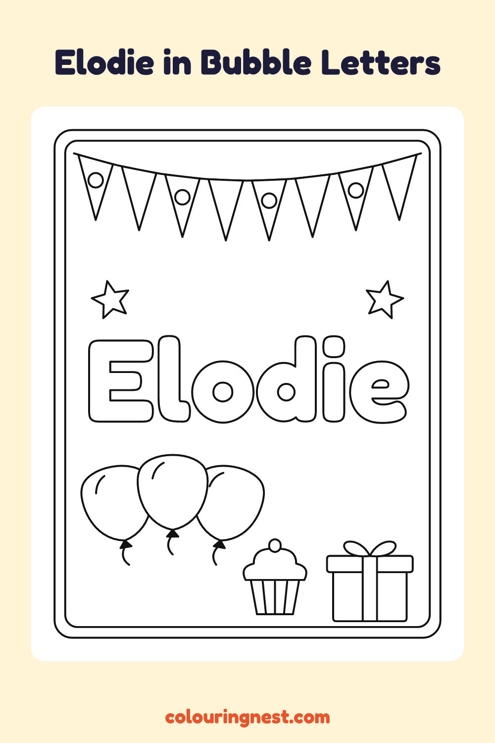Elodie in Bubble Letters coloring page: free printable black-and-white line art