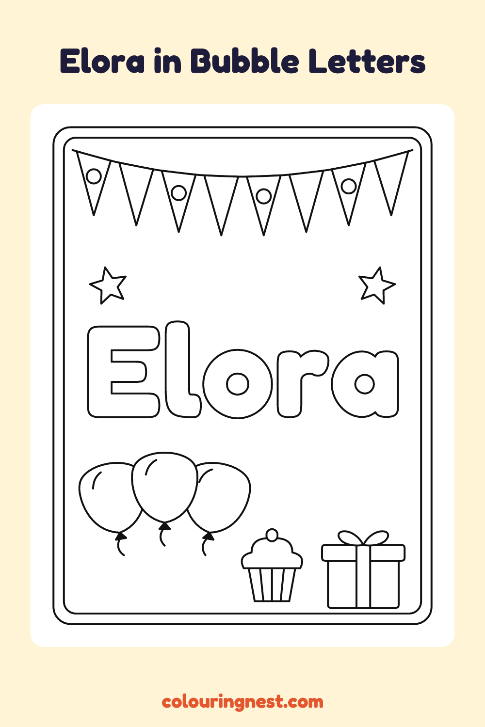 Elora in Bubble Letters coloring page: free printable black-and-white line art