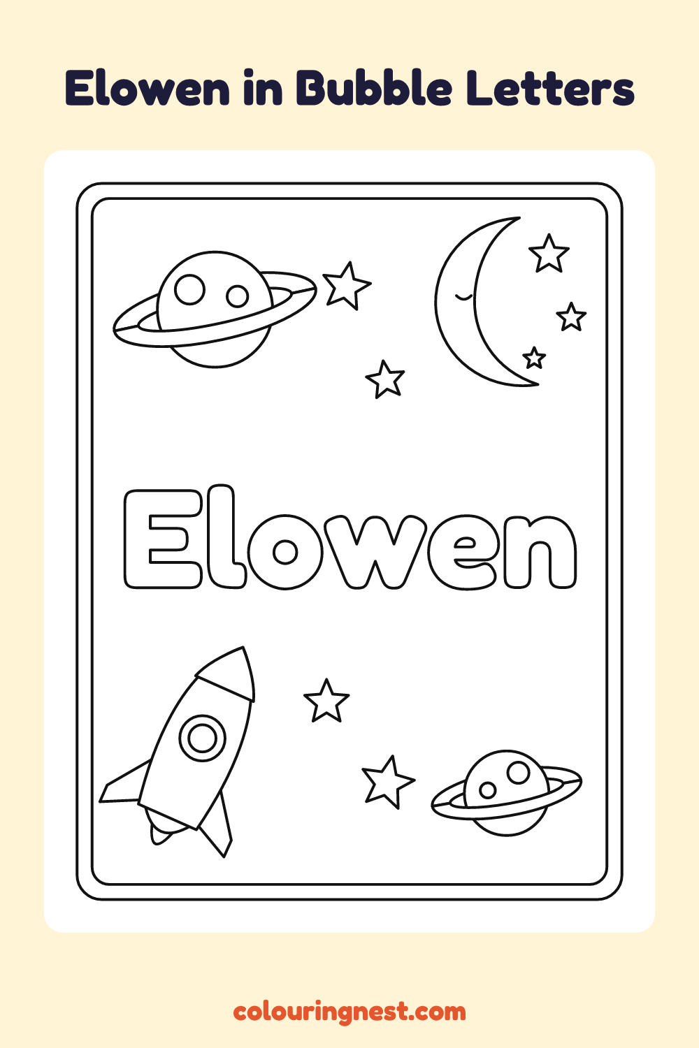 Elowen in Bubble Letters coloring page: free printable black-and-white line art