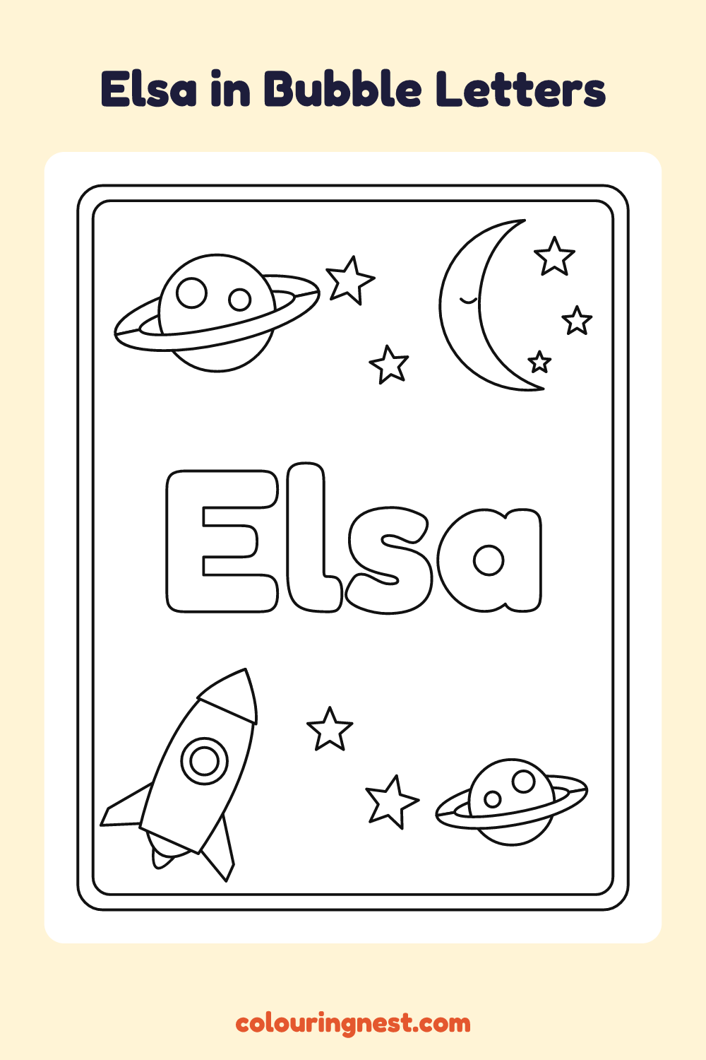 Elsa in Bubble Letters coloring page: free printable black-and-white line art
