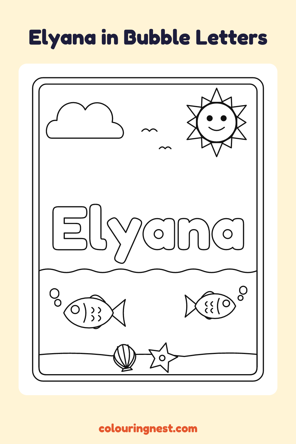 Elyana in Bubble Letters coloring page: free printable black-and-white line art