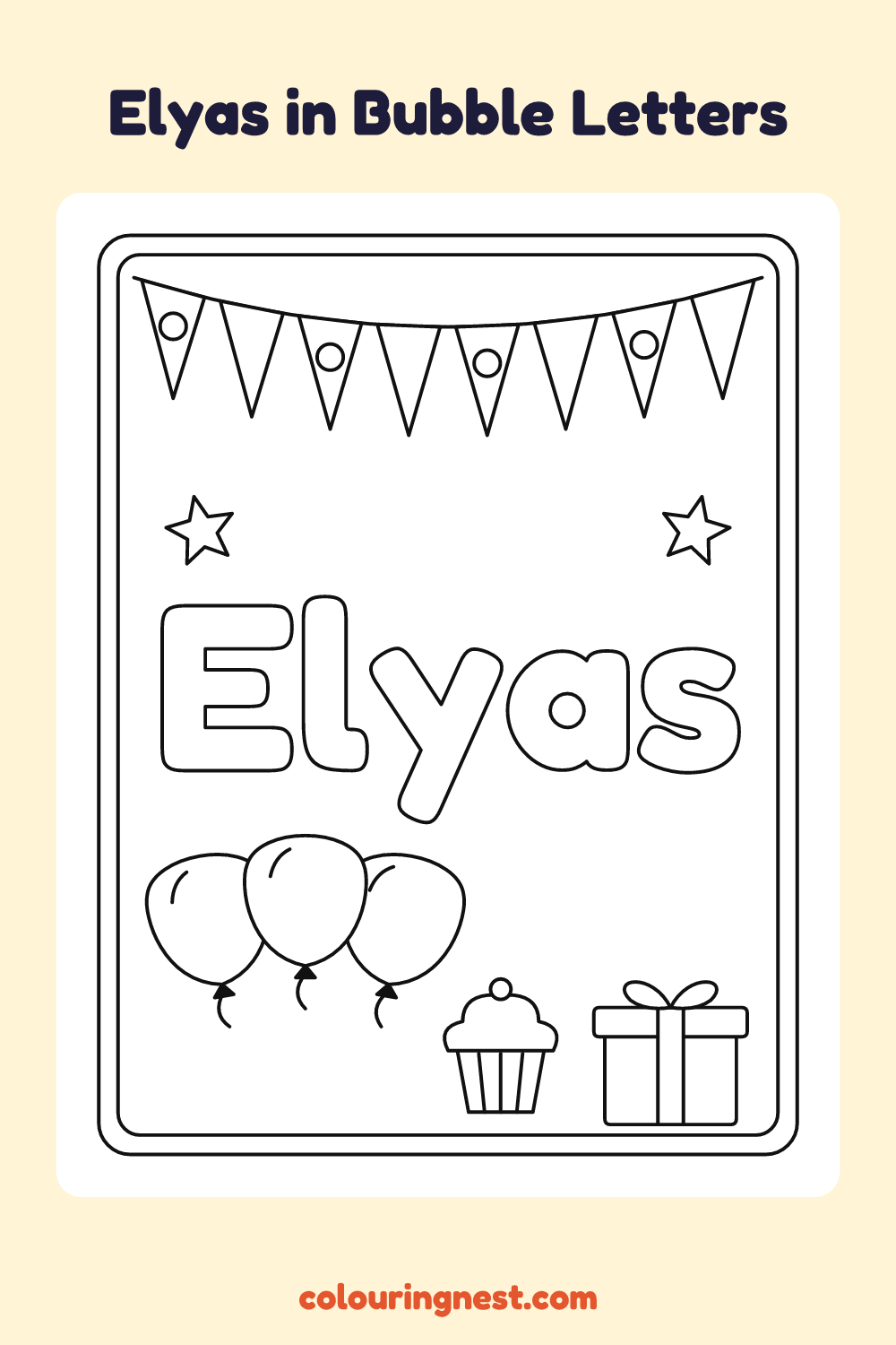 Elyas in Bubble Letters coloring page: free printable black-and-white line art