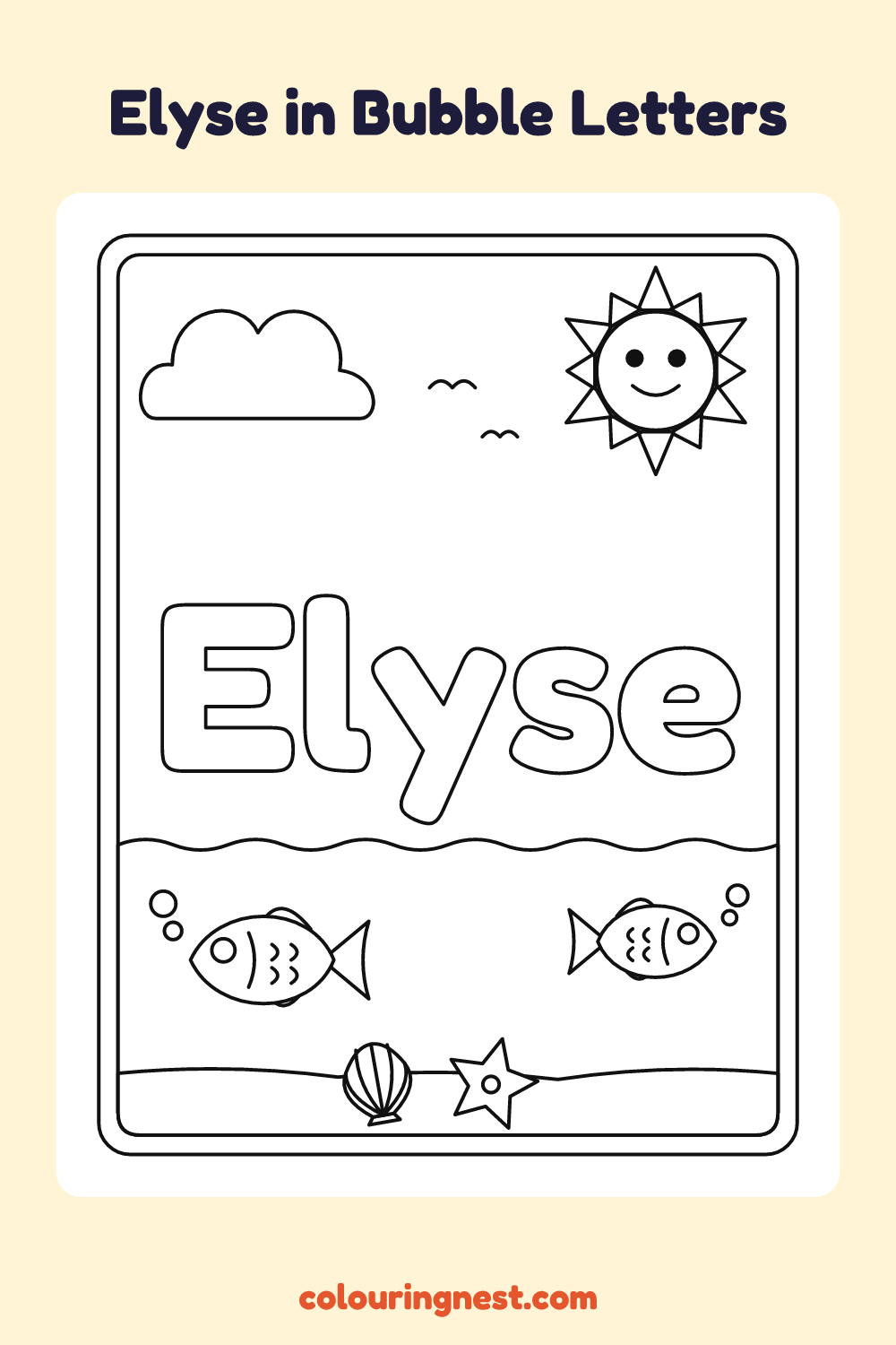 Elyse in Bubble Letters coloring page: free printable black-and-white line art