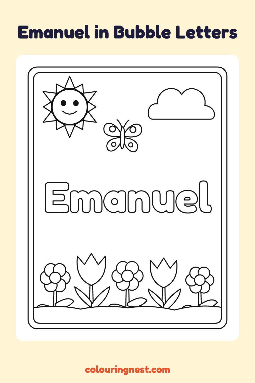 Emanuel in Bubble Letters coloring page: free printable black-and-white line art