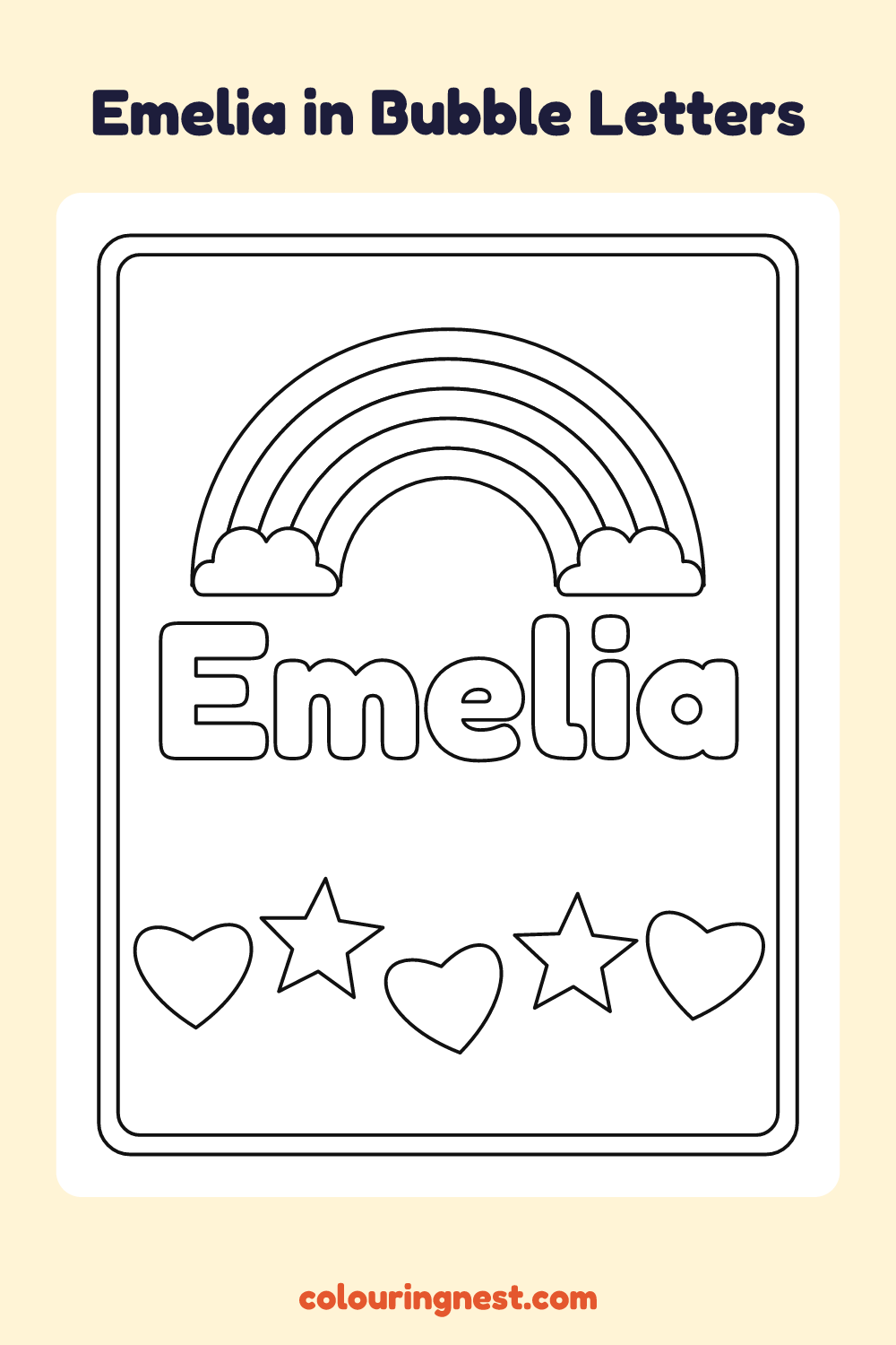 Emelia in Bubble Letters coloring page: free printable black-and-white line art