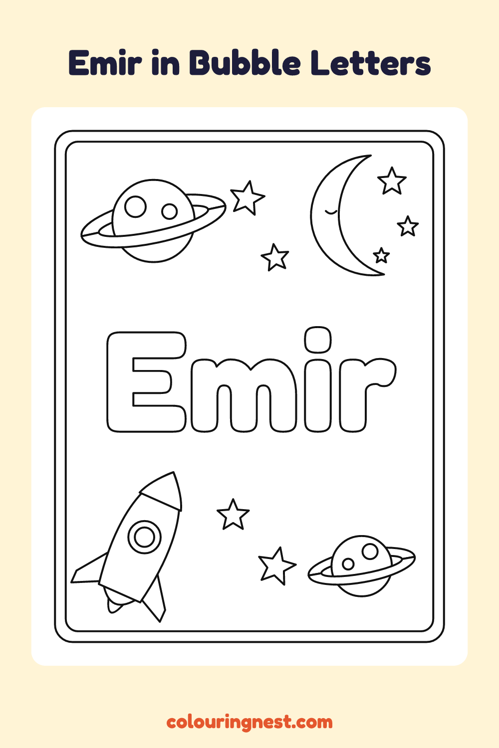 Emir in Bubble Letters coloring page: free printable black-and-white line art