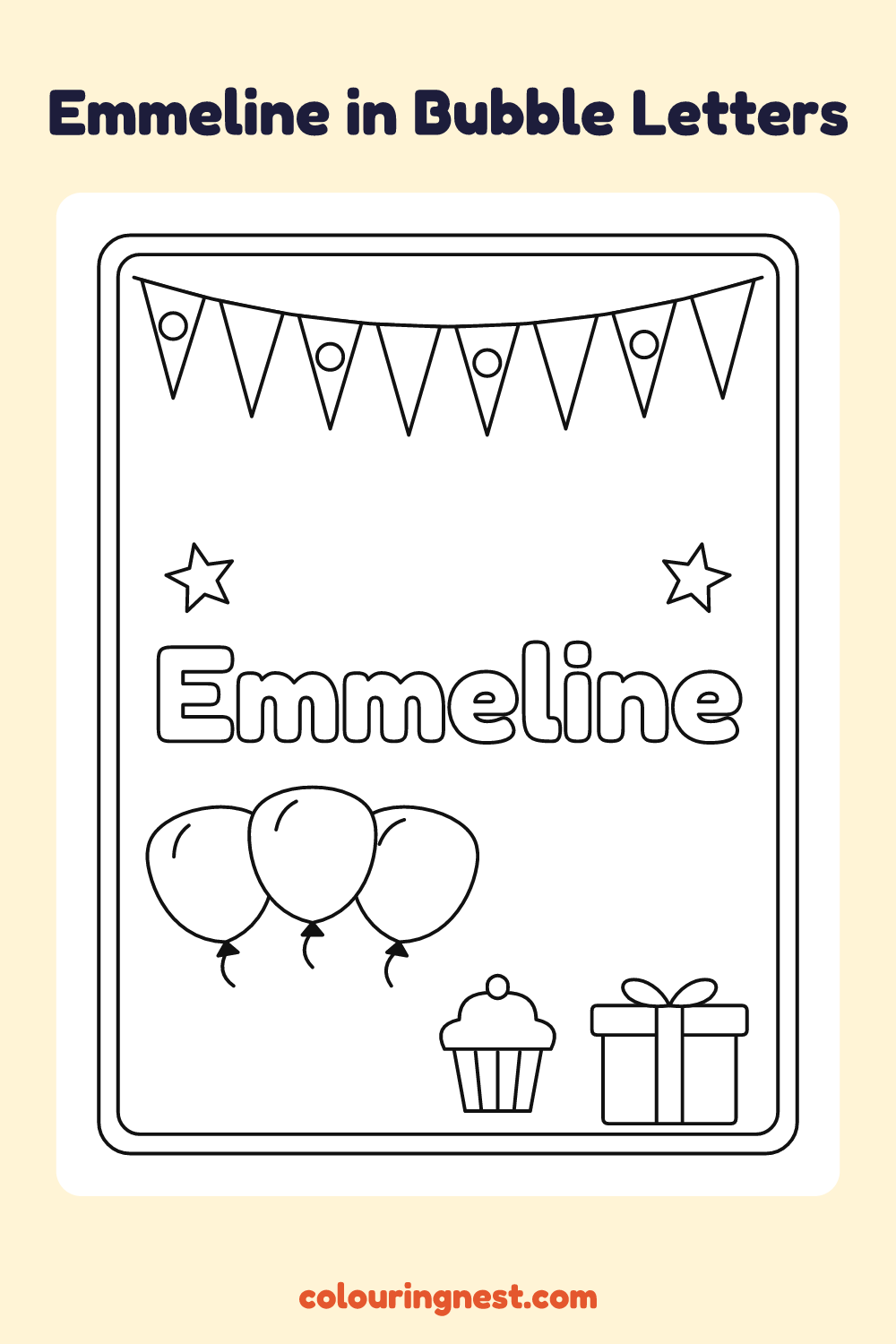 Emmeline in Bubble Letters coloring page: free printable black-and-white line art