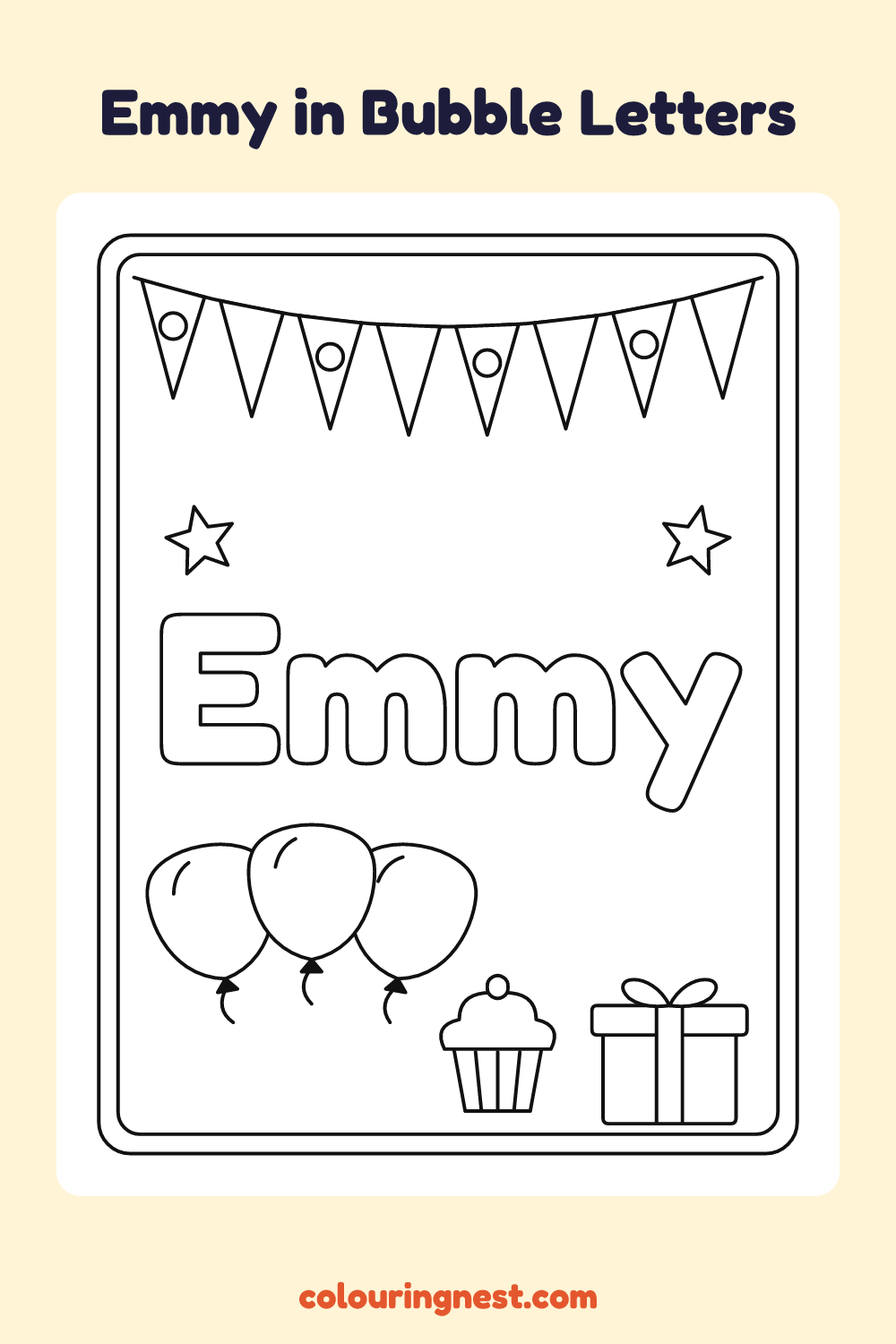 Emmy in Bubble Letters coloring page: free printable black-and-white line art
