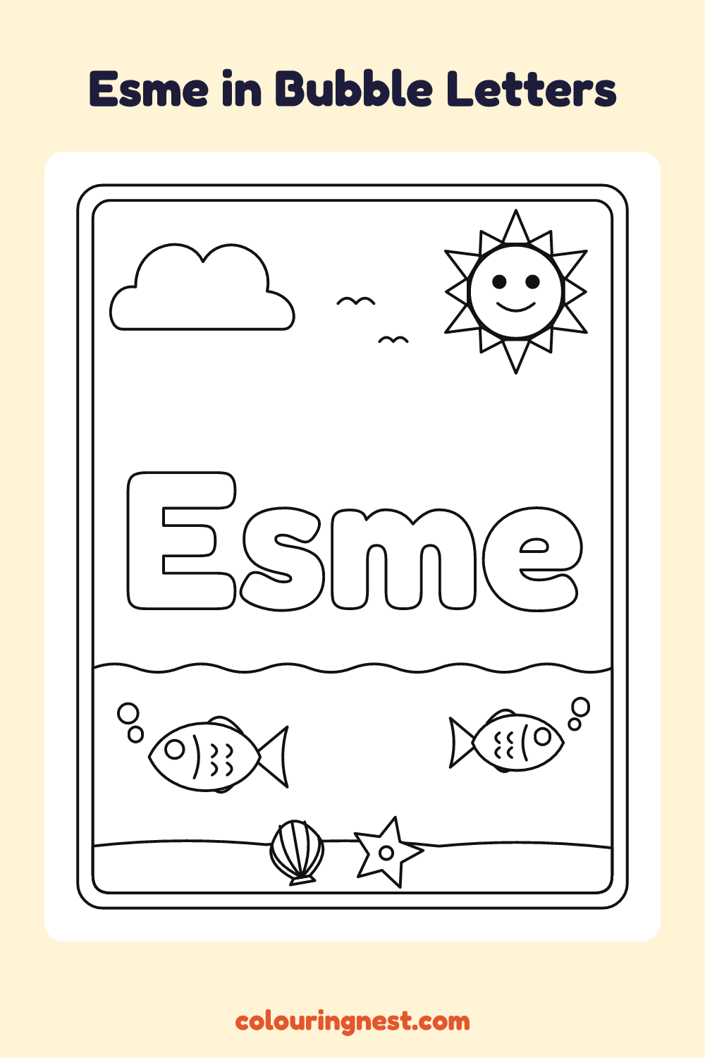 Esme in Bubble Letters coloring page: free printable black-and-white line art