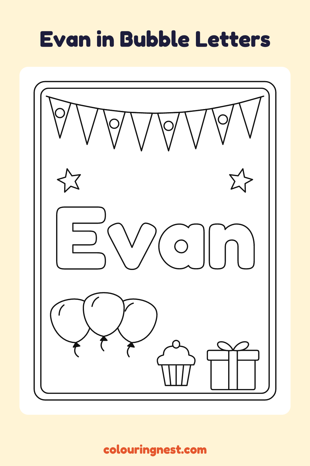 Evan in Bubble Letters coloring page: free printable black-and-white line art