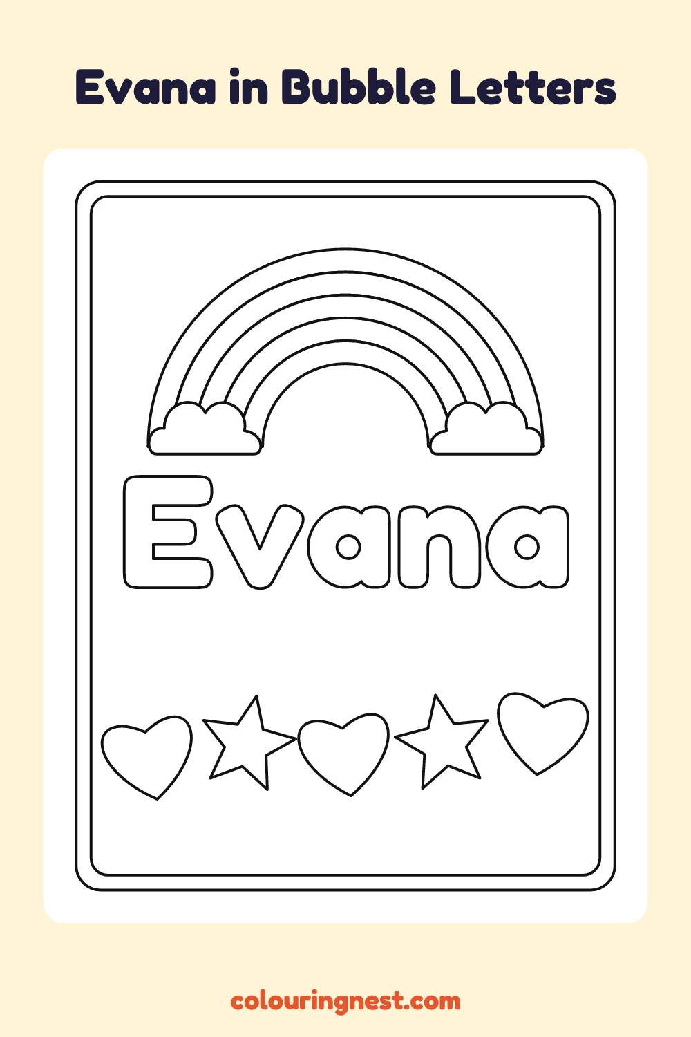Evana in Bubble Letters coloring page: free printable black-and-white line art