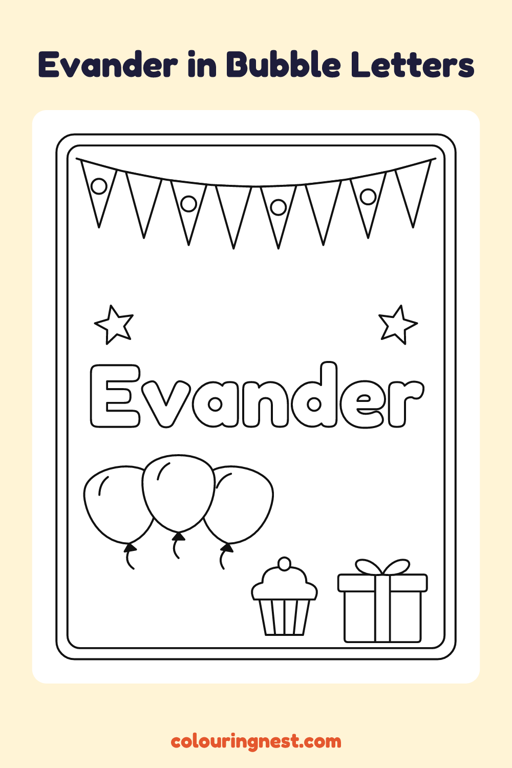 Evander in Bubble Letters coloring page: free printable black-and-white line art