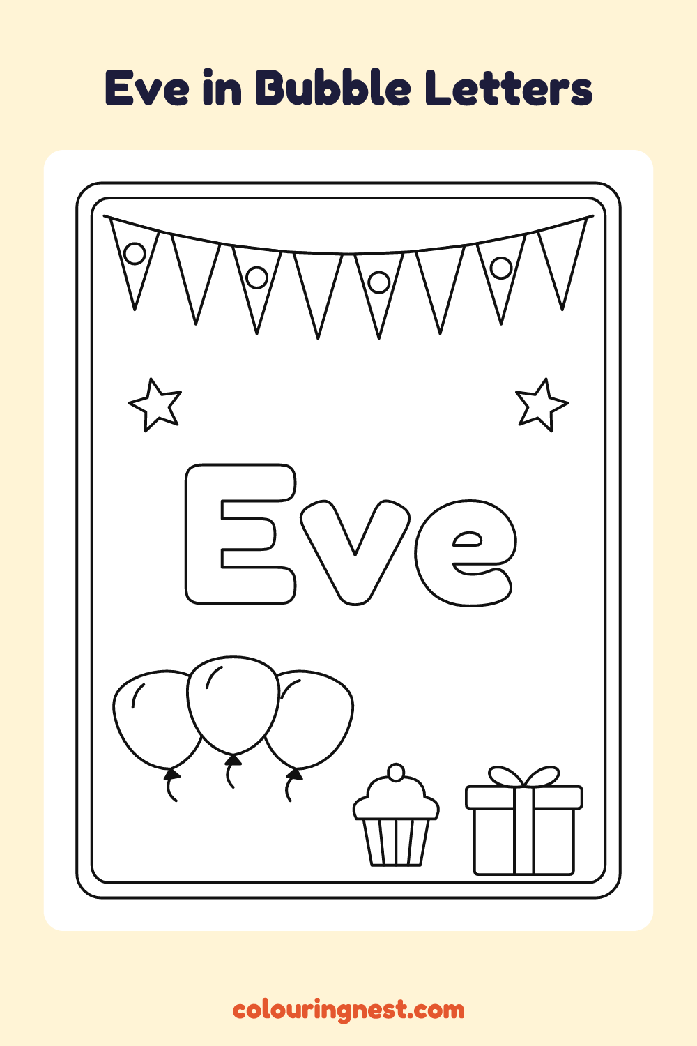 Eve in Bubble Letters coloring page: free printable black-and-white line art