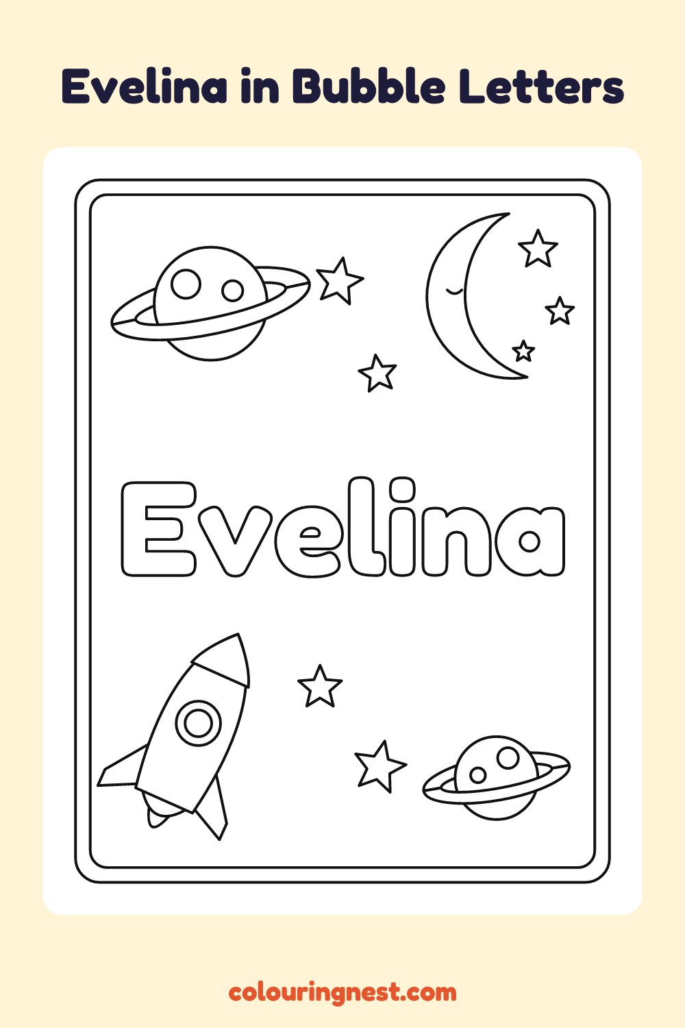 Evelina in Bubble Letters coloring page: free printable black-and-white line art