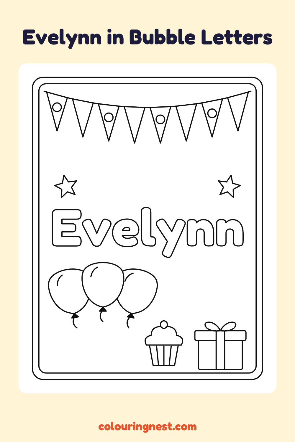 Evelynn in Bubble Letters coloring page: free printable black-and-white line art