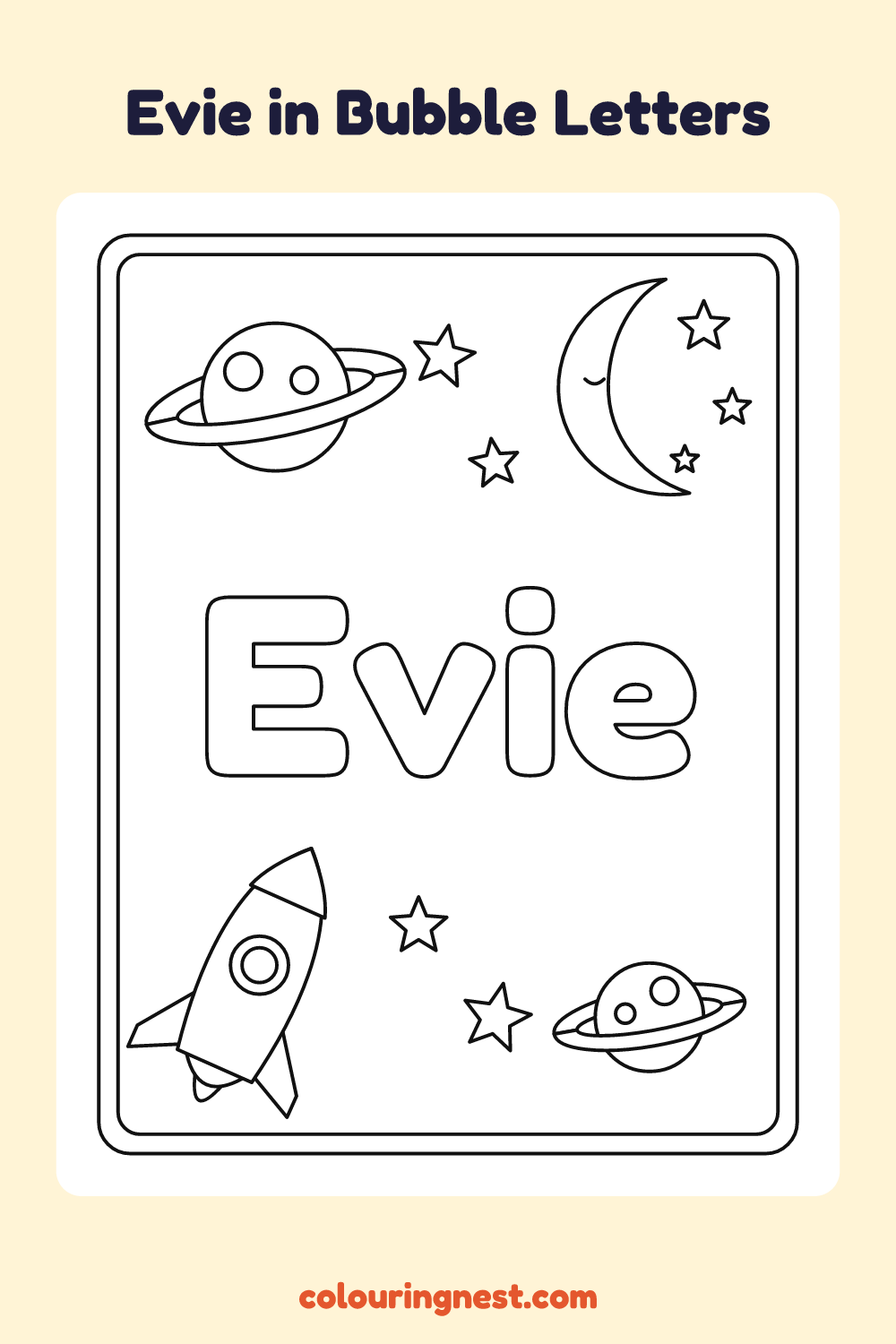 Evie in Bubble Letters coloring page: free printable black-and-white line art