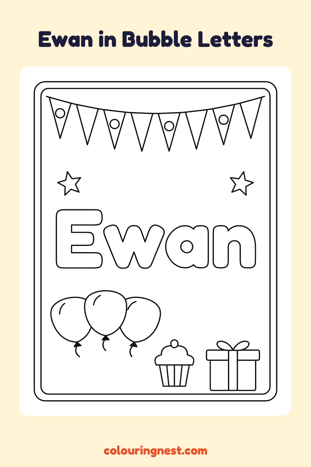Ewan in Bubble Letters coloring page: free printable black-and-white line art