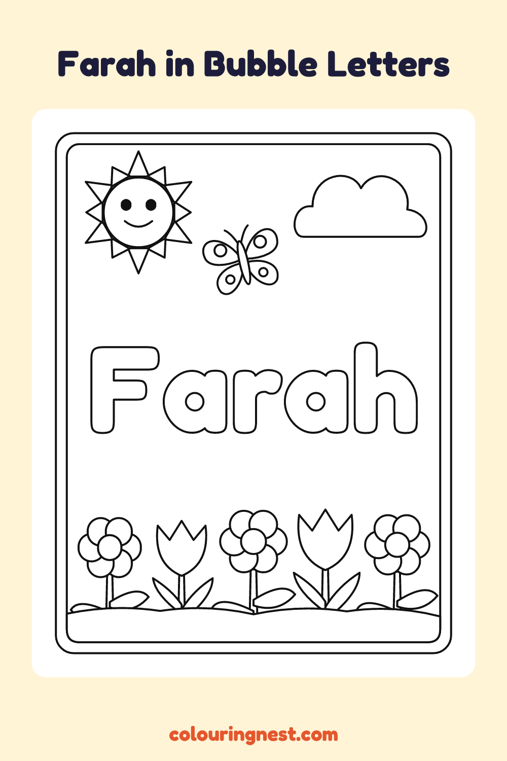 Farah in Bubble Letters coloring page: free printable black-and-white line art