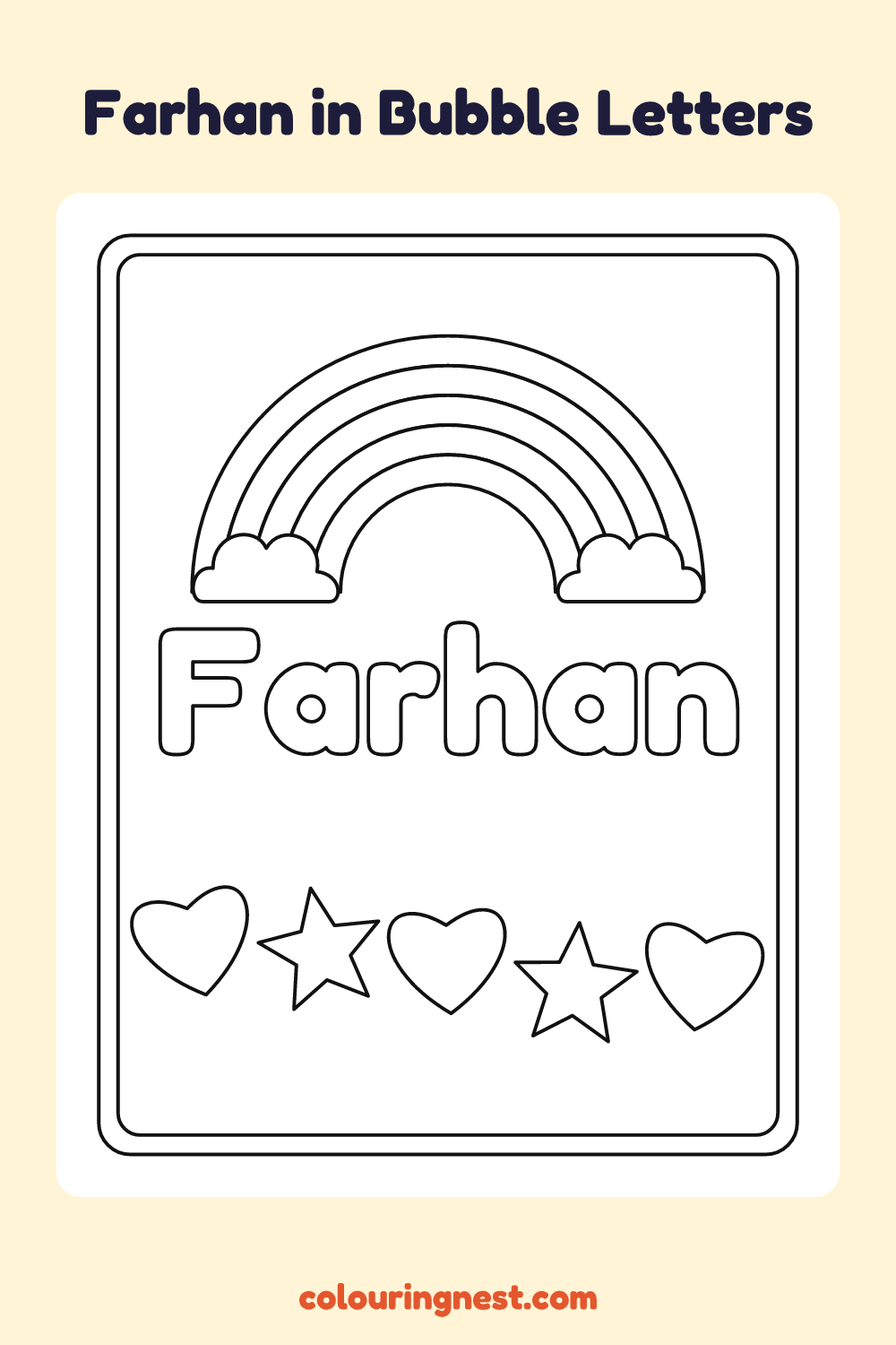Farhan in Bubble Letters coloring page: free printable black-and-white line art