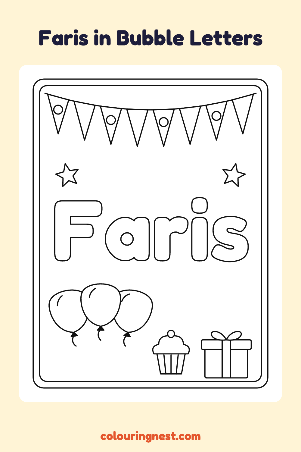 Faris in Bubble Letters coloring page: free printable black-and-white line art