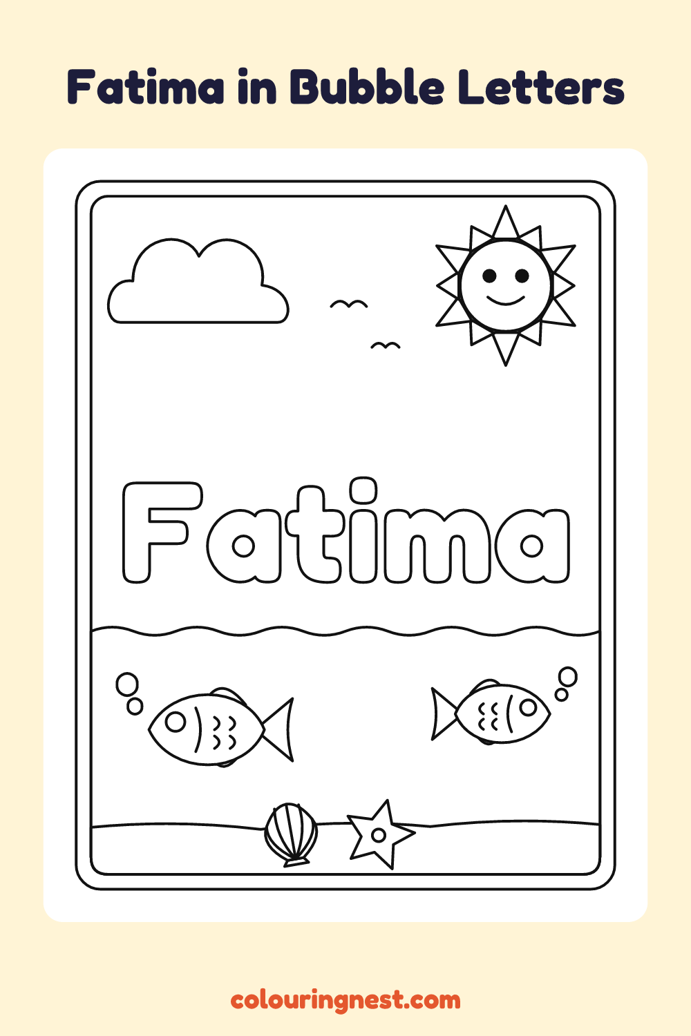 Fatima in Bubble Letters coloring page: free printable black-and-white line art