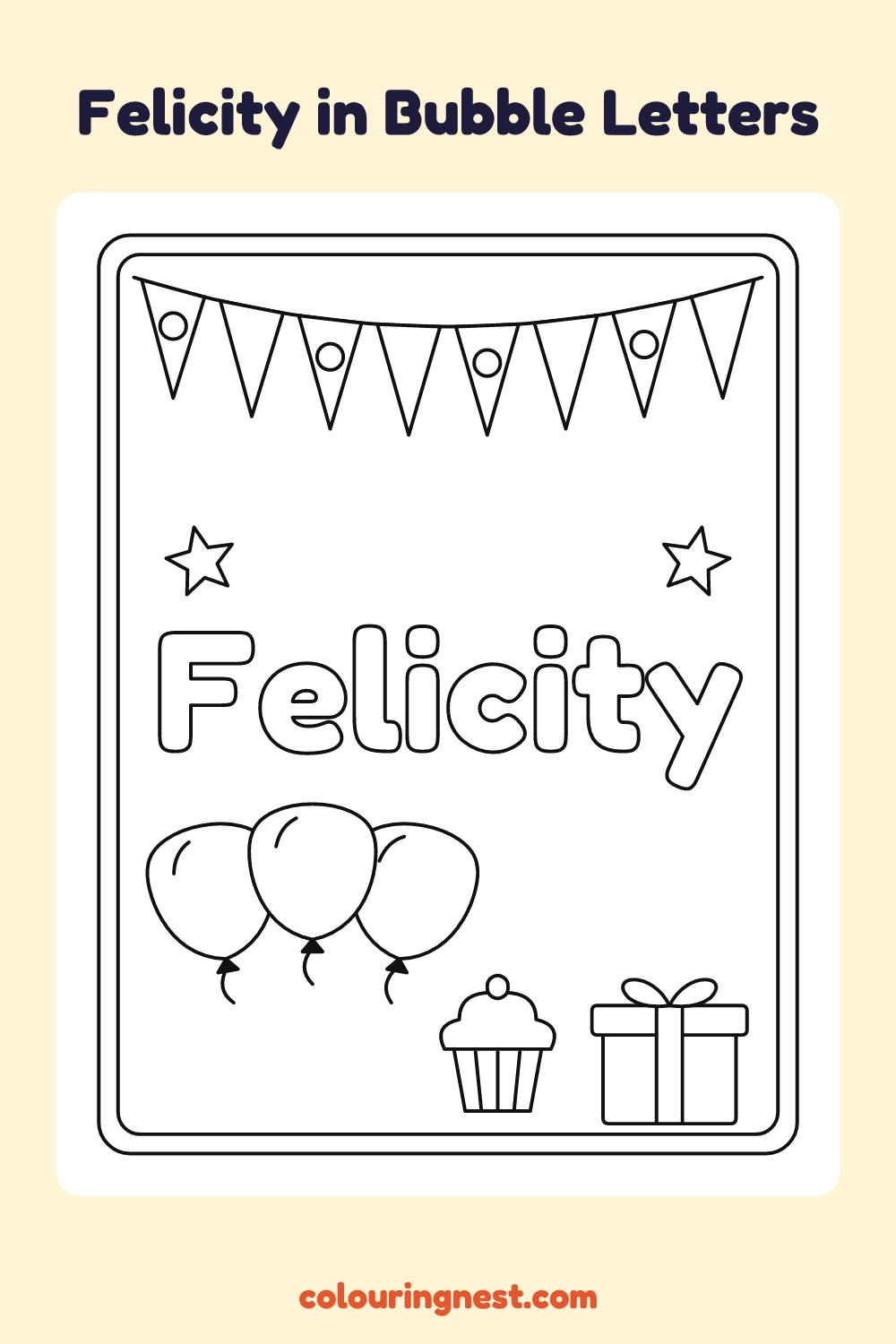 Felicity in Bubble Letters coloring page: free printable black-and-white line art