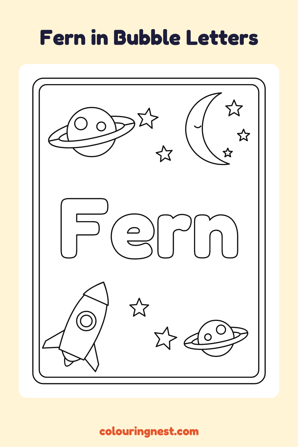 Fern in Bubble Letters coloring page: free printable black-and-white line art