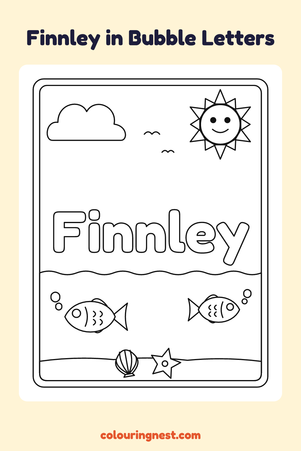 Finnley in Bubble Letters coloring page: free printable black-and-white line art