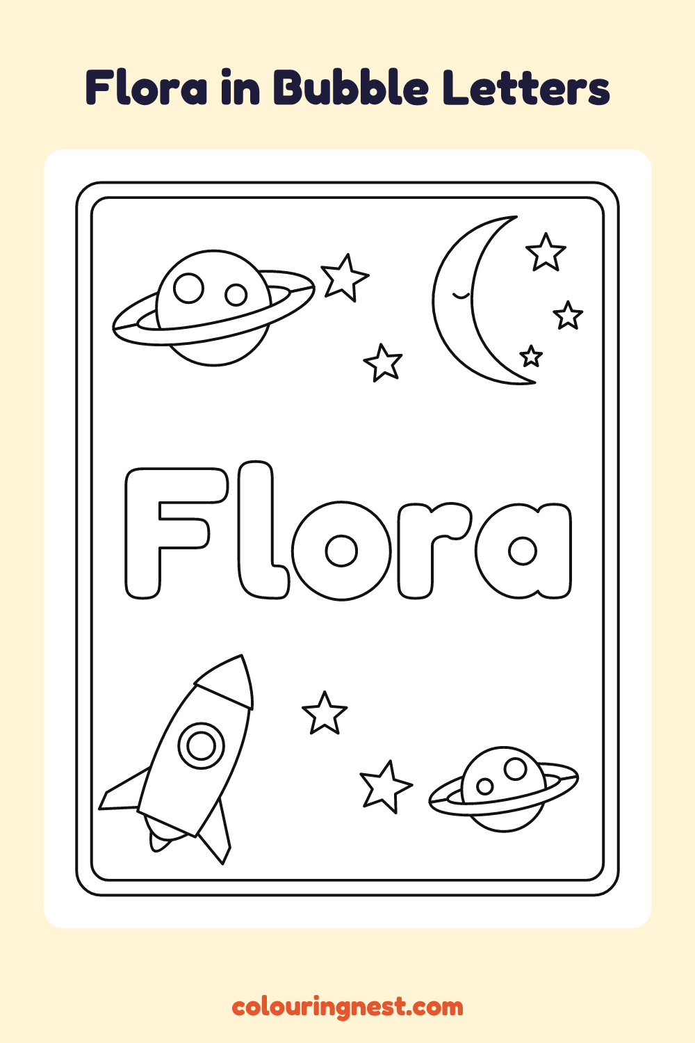 Flora in Bubble Letters coloring page: free printable black-and-white line art