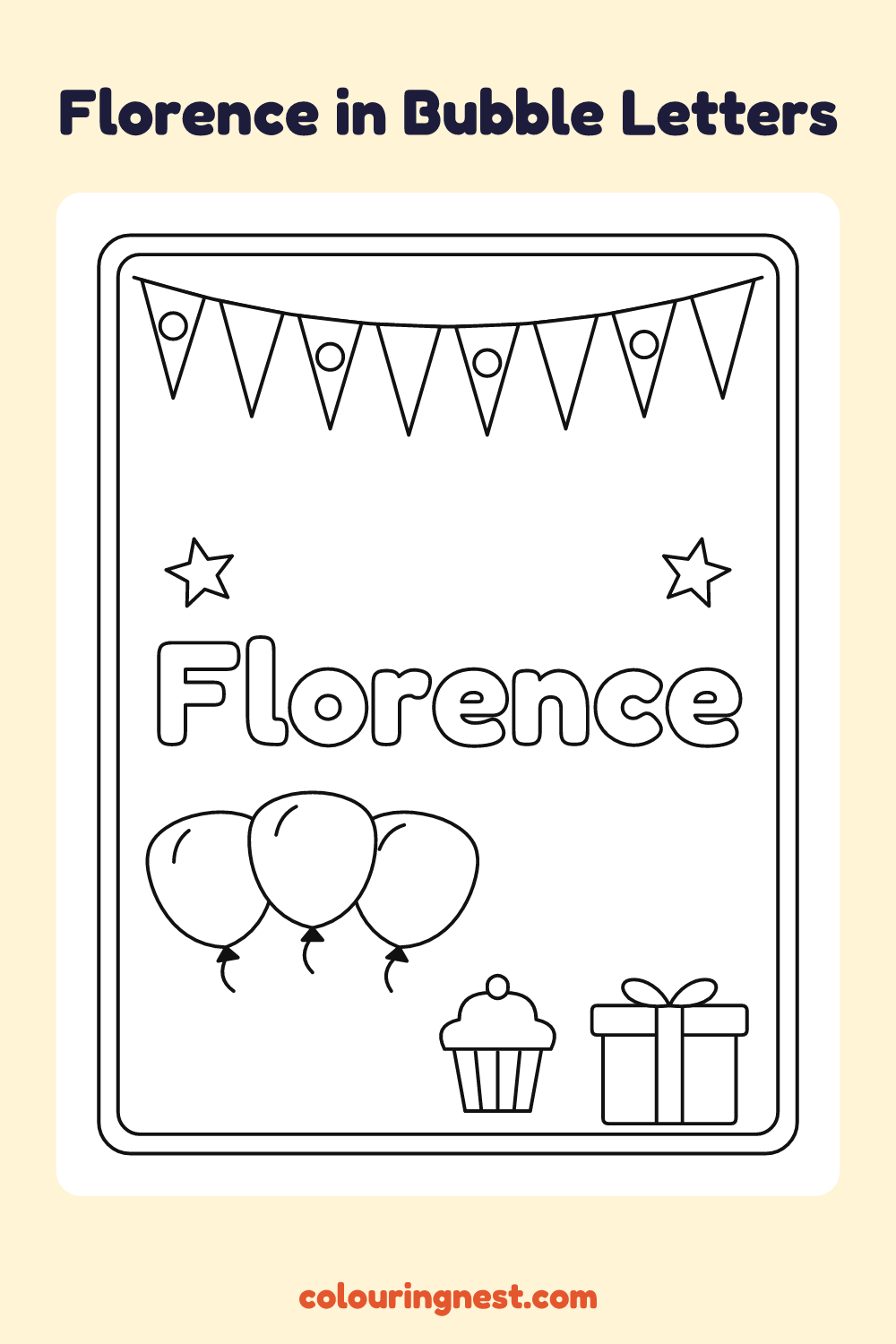 Florence in Bubble Letters coloring page: free printable black-and-white line art