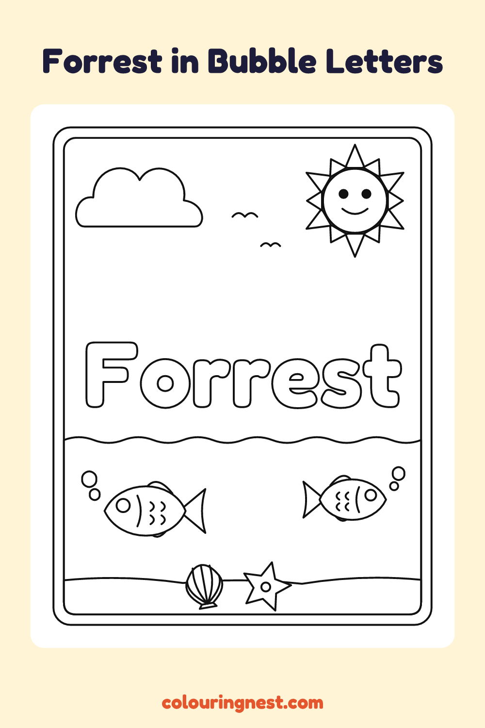Forrest in Bubble Letters coloring page: free printable black-and-white line art