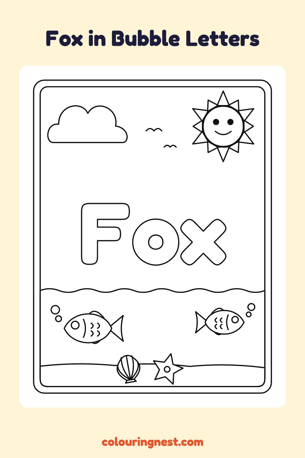 Fox in Bubble Letters coloring page: free printable black-and-white line art