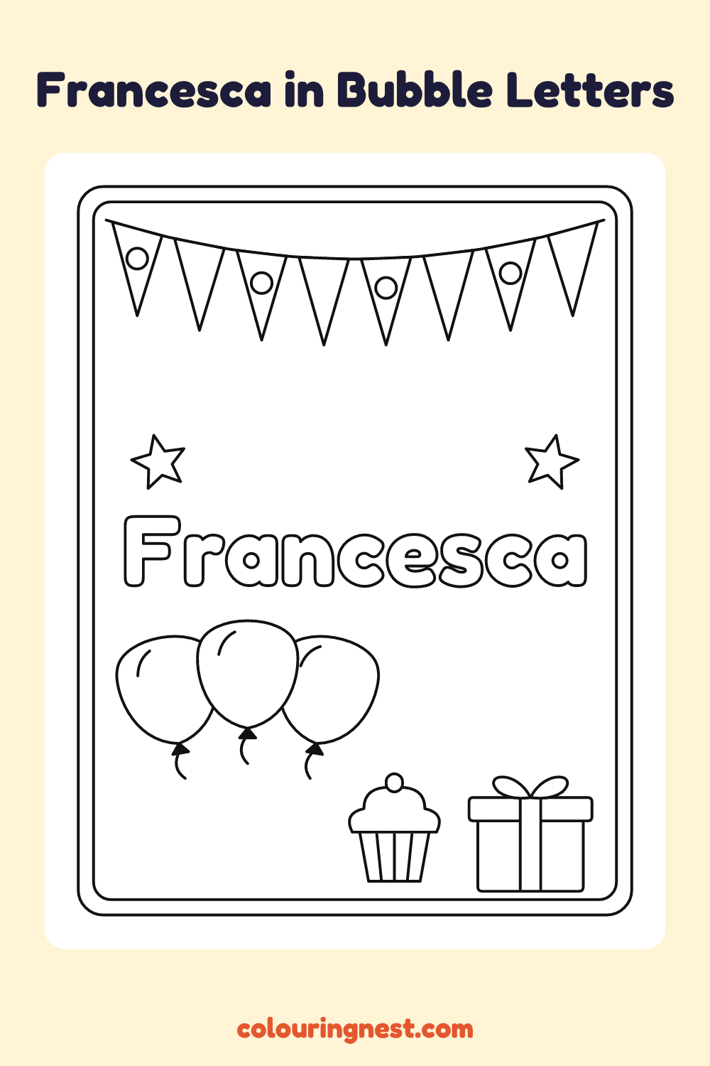 Francesca in Bubble Letters coloring page: free printable black-and-white line art