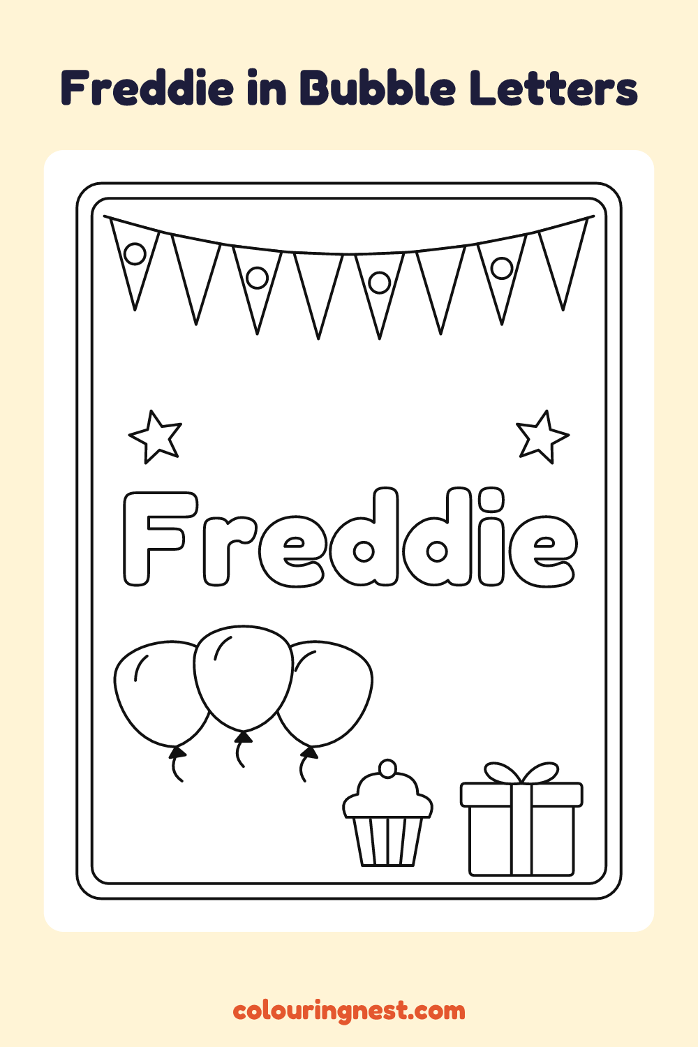 Freddie in Bubble Letters coloring page: free printable black-and-white line art