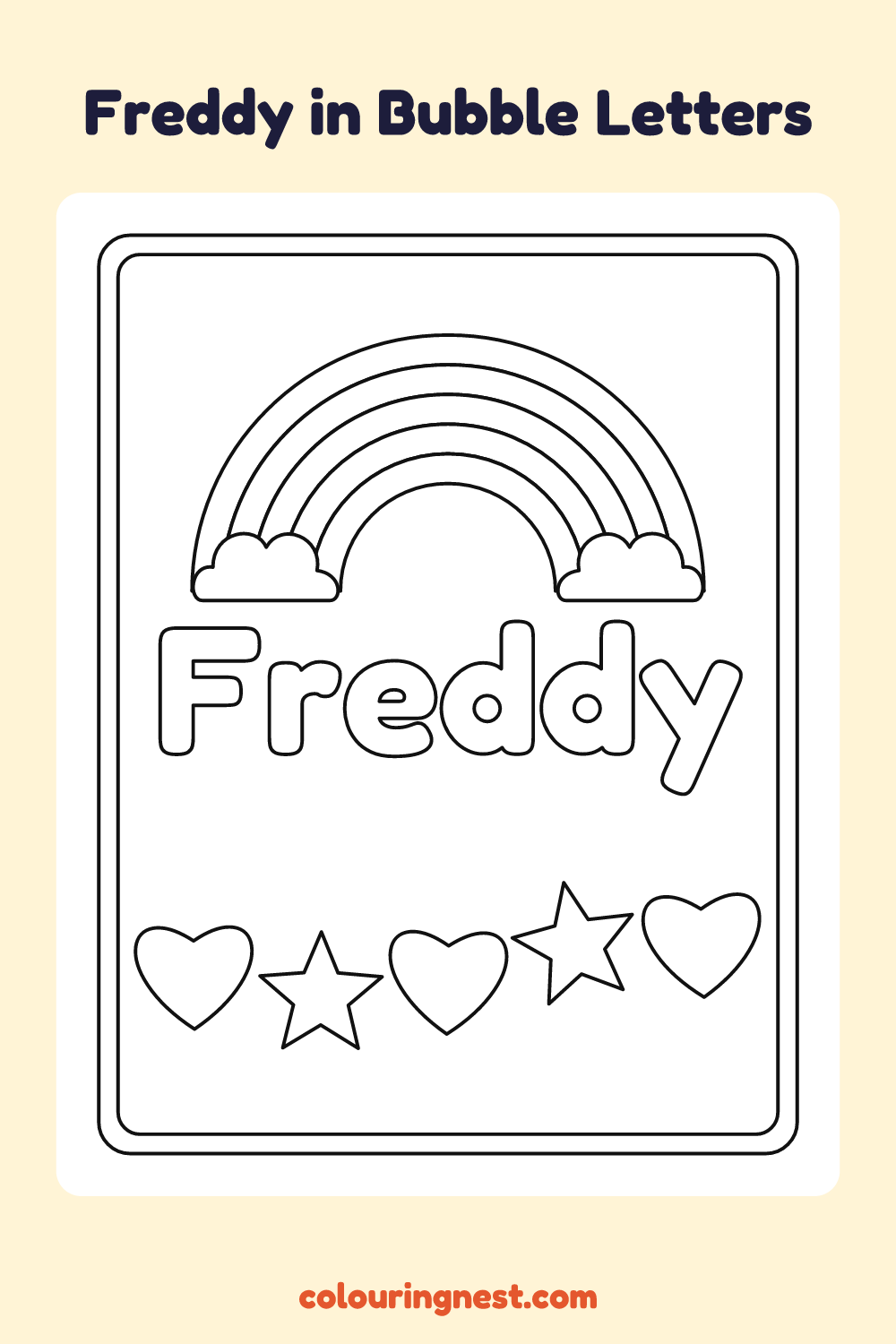 Freddy in Bubble Letters coloring page: free printable black-and-white line art