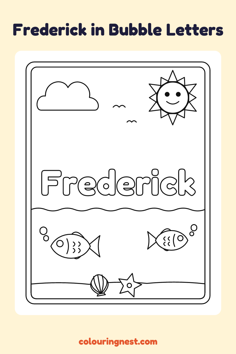 Frederick in Bubble Letters coloring page: free printable black-and-white line art