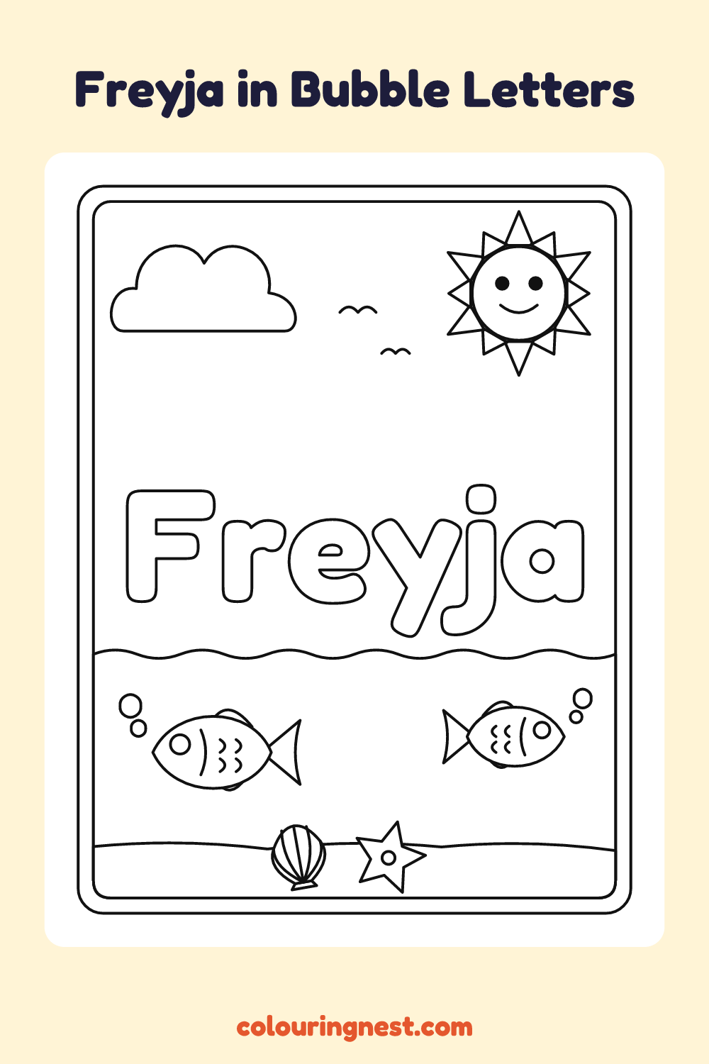 Freyja in Bubble Letters coloring page: free printable black-and-white line art