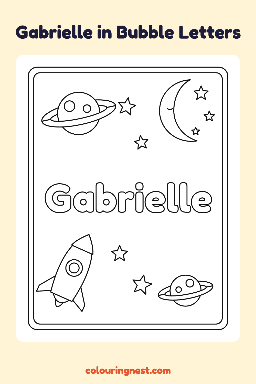 Gabrielle in Bubble Letters coloring page: free printable black-and-white line art