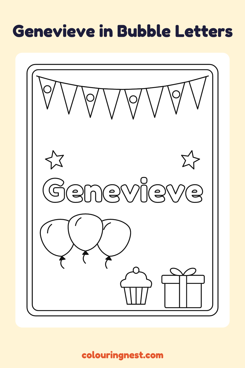 Genevieve in Bubble Letters coloring page: free printable black-and-white line art