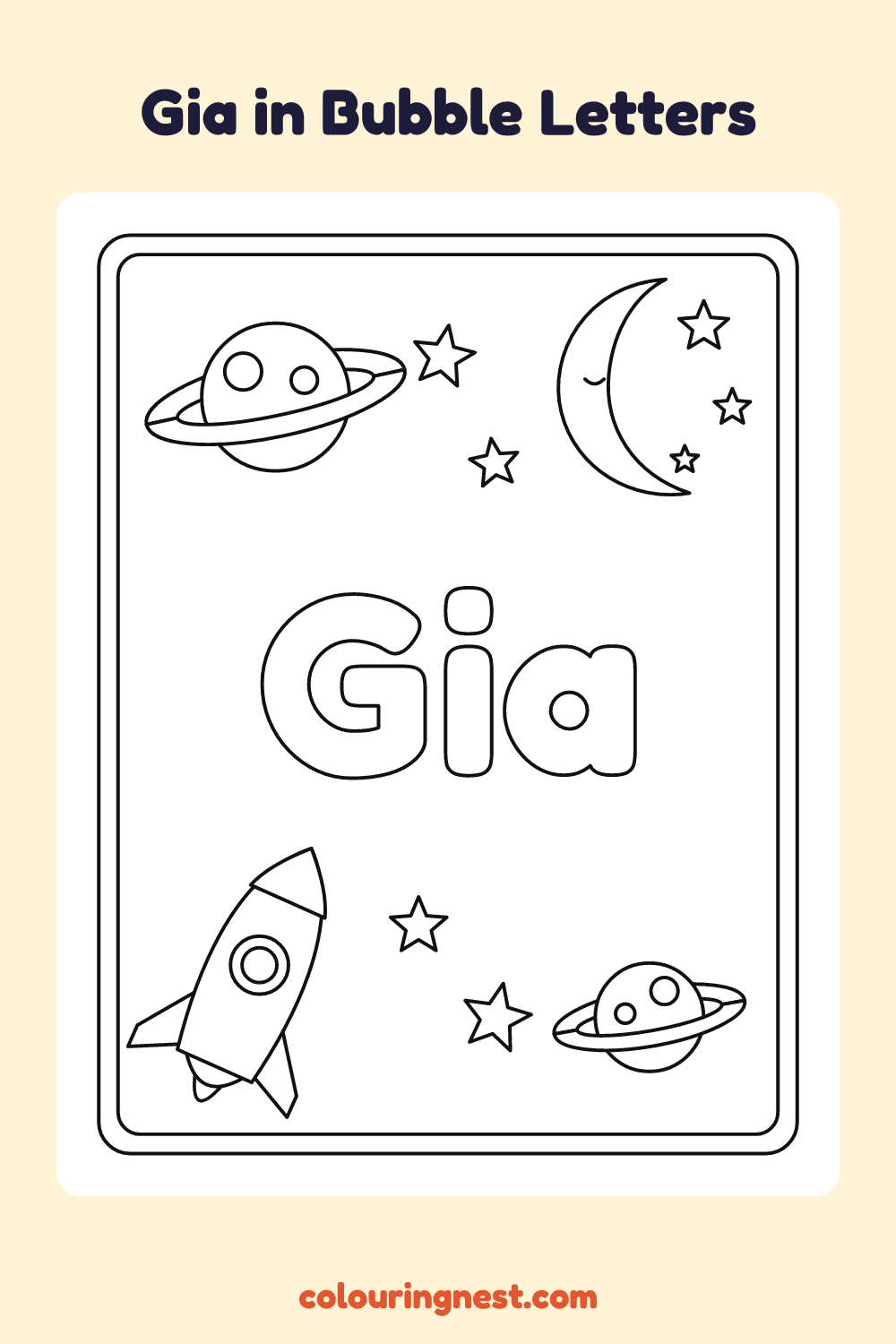 Gia in Bubble Letters coloring page: free printable black-and-white line art