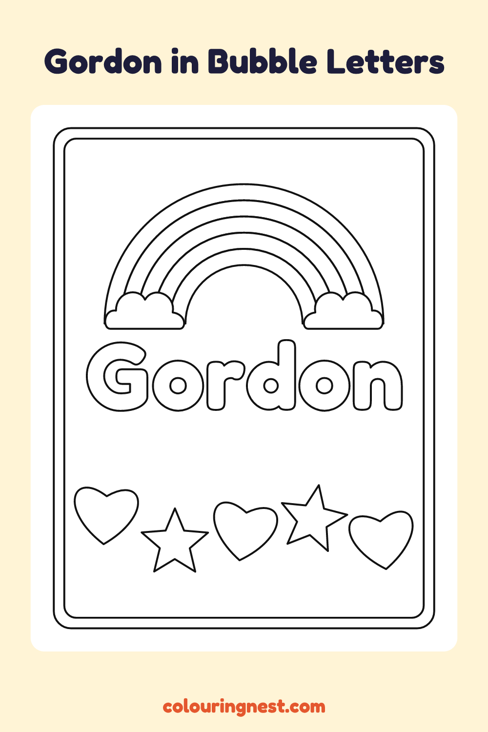Gordon in Bubble Letters coloring page: free printable black-and-white line art