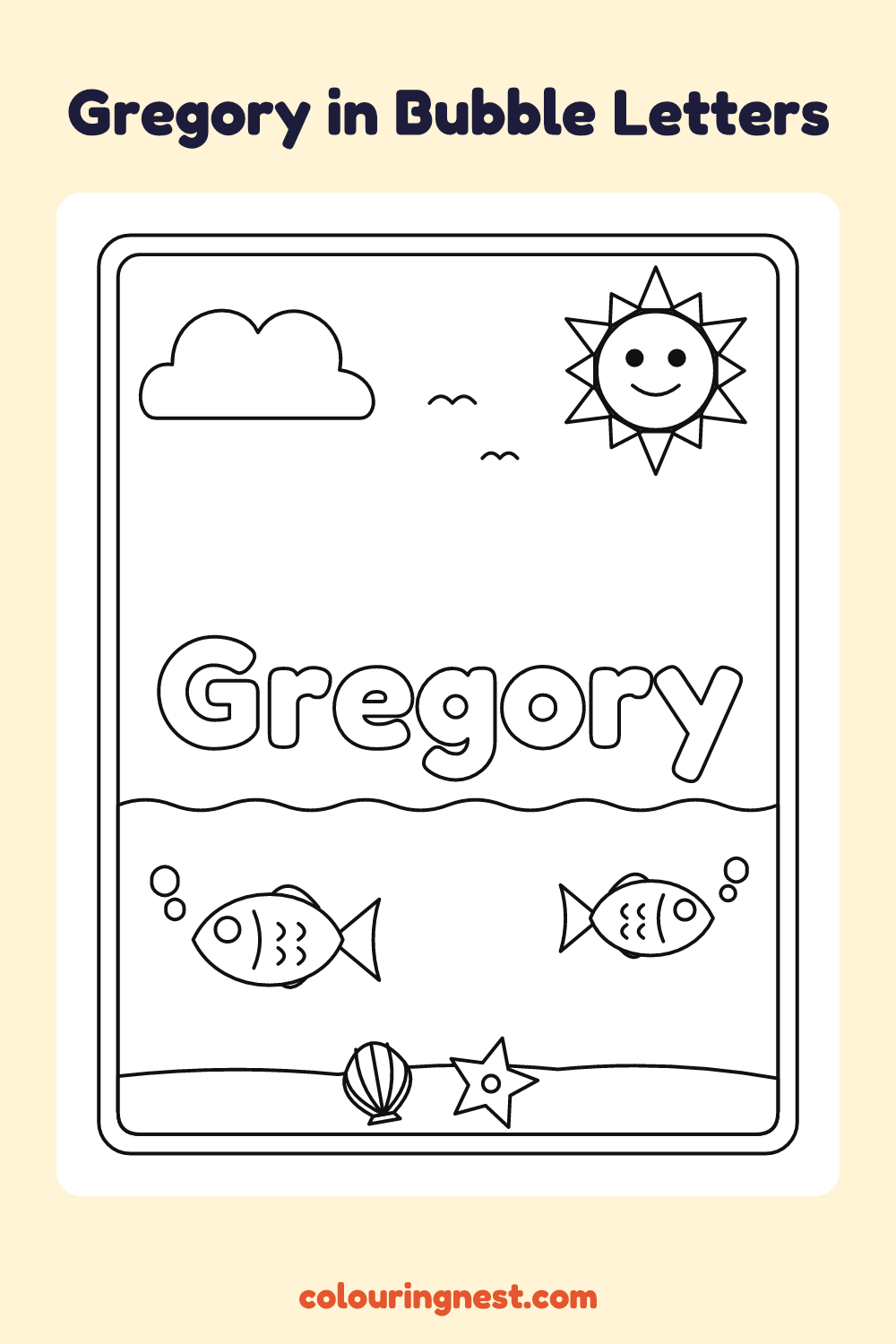 Gregory in Bubble Letters coloring page: free printable black-and-white line art