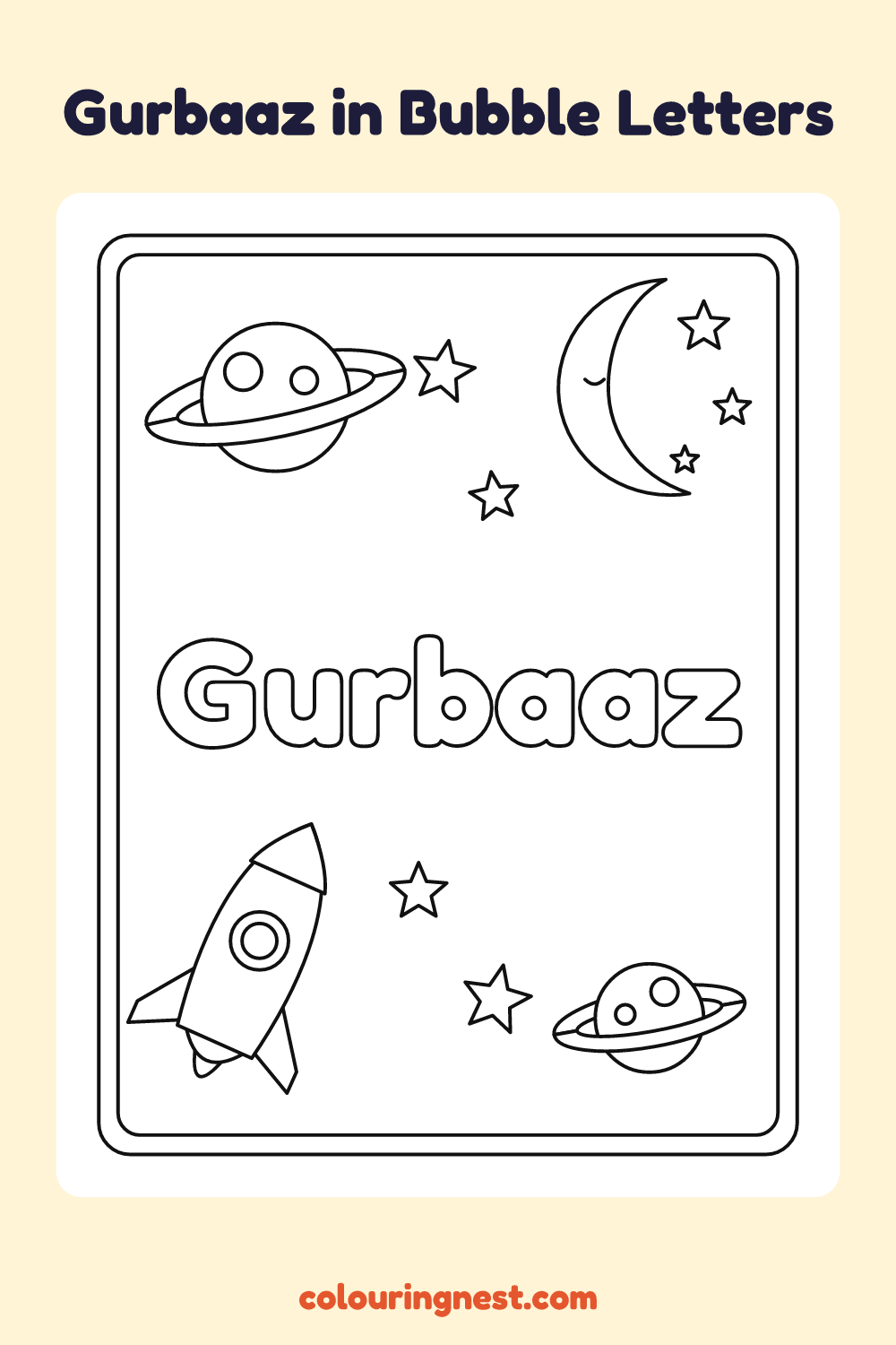 Gurbaaz in Bubble Letters coloring page: free printable black-and-white line art
