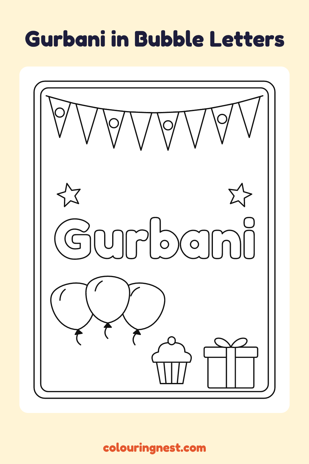 Gurbani in Bubble Letters coloring page: free printable black-and-white line art