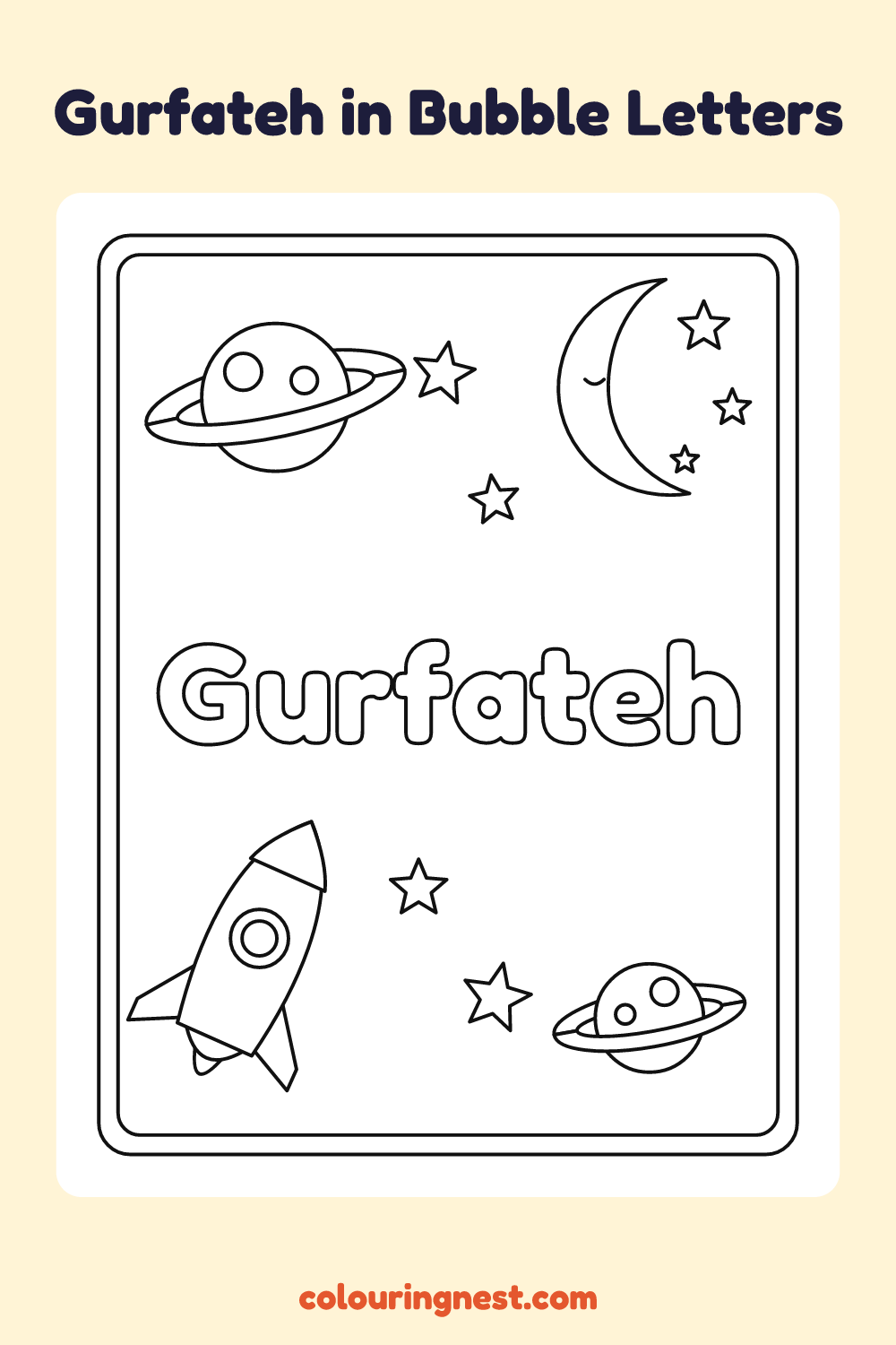 Gurfateh in Bubble Letters coloring page: free printable black-and-white line art