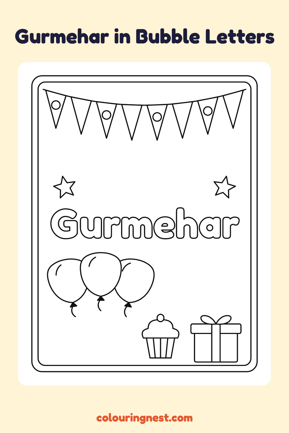 Gurmehar in Bubble Letters coloring page: free printable black-and-white line art